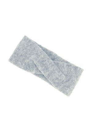 Bandeau tricoté gris clair doux avec un design torsadé à porter autour du front et des oreilles.