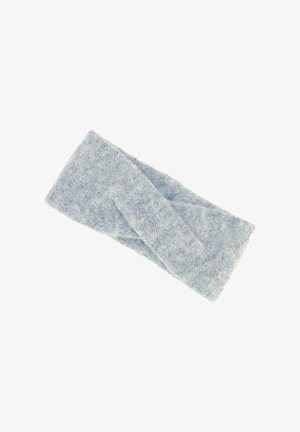 Soft light gray knitted headband with a twisted design for wearing around the forehead and ears.