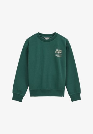 Hanorac verde cu guler rotund, cu manșete și tiv ribbate. Are text alb pe față, fabricat dintr-un material moale din bumbac.