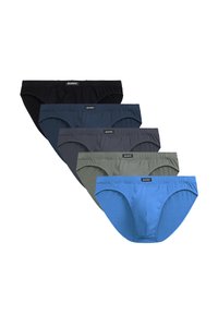Zestaw męskiej bielizny składający się z pięciu par w kolorze czarnym, ciemnoniebieskim, ciemnoszarym, oliwkowym i jasnoniebieskim. Wykonany z miękkiego materiału z elastycznymi paskami w talii.