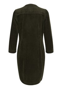 Robe longue en velours côtelé vert foncé à manches longues, coupe droite, poignets élastiques et ourlet arrondi, vue de dos.