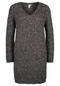 Dark gray knitted dress with a V-neck, long sleeves, and a ribbed texture. It has a relaxed fit reaching mid-thigh length.