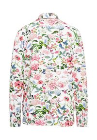 Langärmliges Hemd mit einem floralen Muster in Rosa, Blau und Grün auf einem weißen Hintergrund. Mit Kragen und knöpfbaren Manschetten.