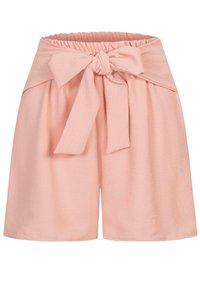 Shorts en tissu doux de couleur rose clair, avec une large ceinture élastique et un détail de nœud noué à l'avant. Coupe droite, ample.