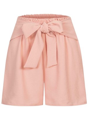 Gaiši rozā, mīksts audums šorti ar plašu elastīgu jostu un sasietu loku priekšpusē. Raksturo brīvs, taisnais griezums.