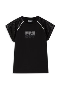 T-shirt nera a maniche corte con spalle in rete nera testurizzata e logo "FREDDY" argentato sul davanti, con scollo rotondo e vestibilità comoda.