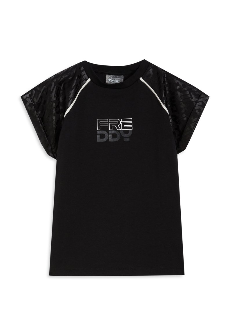 T-shirt nera a maniche corte con spalle in rete nera testurizzata e logo "FREDDY" argentato sul davanti, con scollo rotondo e vestibilità comoda.