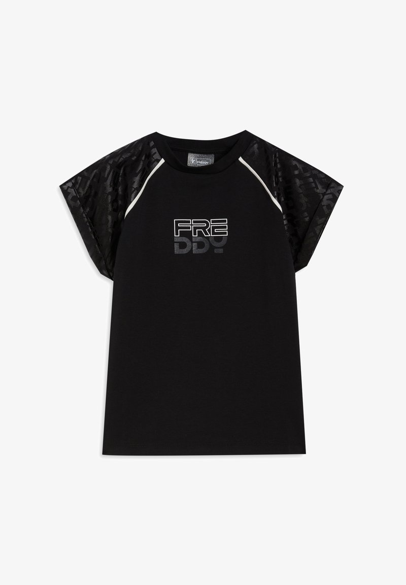 T-shirt nera a maniche corte con spalle in rete nera testurizzata e logo "FREDDY" argentato sul davanti, con scollo rotondo e vestibilità comoda.