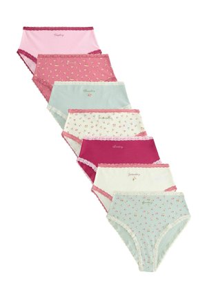 Seven pairs of high-waist women's underwear in pastel colors and floral patterns, each labeled with a different weekday.