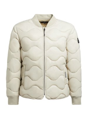 Světle béžová prošívaná bomber bunda s vlnkovým vzorem, zipovým zapínáním, žebrovanými manžetami a logem. Hladká textury. Ležérní design.