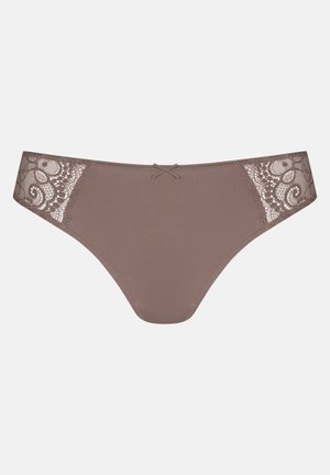 Bikini in pizzo marrone per donne con pannelli laterali in pizzo e un piccolo fiocco al centro della vita anteriore.