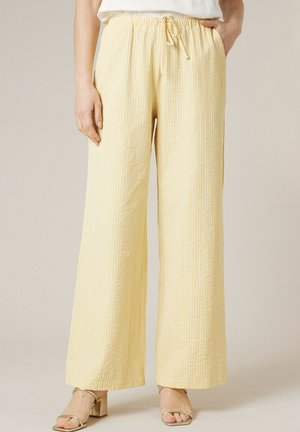 Femme portant un pantalon large jaune clair à taille à cordon de serrage et rayures verticales texturées, associé à des sandales à talons beiges.