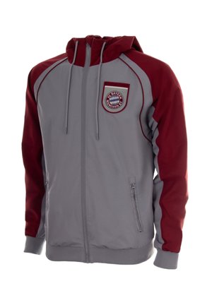 Grijs en bordeauxkleurige hoodie met rits, met FC Bayern München-logo op de borst, voorzakken en trekkoord in de capuchon.