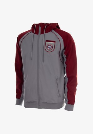 Grijs en bordeauxkleurige hoodie met rits, met FC Bayern München-logo op de borst, voorzakken en trekkoord in de capuchon.