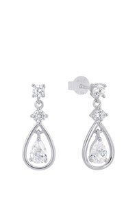 Orecchini a goccia in argento con gemme trasparenti rotonde e a forma di pera in una cornice a goccia, fissati con chiusure a farfallina.