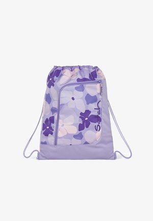 Hellblaue Drawstring-Rucksack mit floralen Mustern in dunkleren Lila-Tönen. Verfügt über eine vordere Reißverschlusstasche und verstellbare Schnüre.