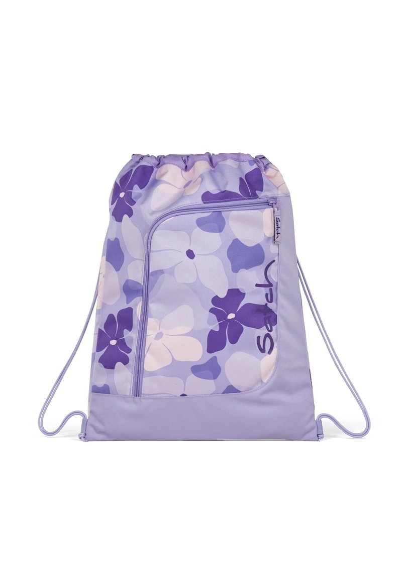Light purple drawstring backpack with floral patterns in darker shades of purple. Features a front zip pocket and adjustable string straps.