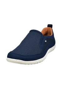 Marinefarbene Slipper mit Mesh-Obermaterial, orangefarbenem Innenfutter und weißer Sohle. Verfügt über elastische Seitenpaneele und eine strukturierte Außensohle für besseren Halt.