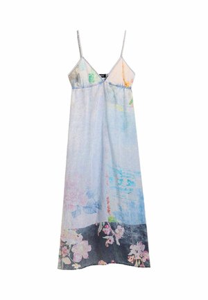 Ärmelloses langes Kleid mit Spaghettiträgern, pastellfarbenem Aquarelldesign und Blumenmuster am unteren Saum.