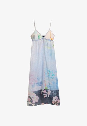 Ärmelloses langes Kleid mit Spaghettiträgern, pastellfarbenem Aquarelldesign und Blumenmuster am unteren Saum.