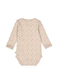 Bodystocking dla niemowląt z długim rękawem w jasnym beżu z małym kwiatowym wzorem w kolorze różowym i brązowym. Posiada okrągły dekolt i zapięcie na zatrzask na dole.