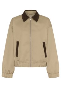 Veste beige avec un col en velours côtelé marron, fermeture éclair à l'avant et ceinture élastiquée. Comprend deux poches latérales en velours côtelé marron.