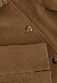 Rudas vilnos paltas su auksinėmis dekoratyvinėmis mygtukais, turinčiais įmantrų emblemą ir matomą kišenę priekyje.