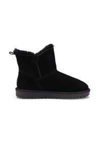 Bottine en suède noir avec doublure en fourrure, languette au talon et semelle en caoutchouc striée, conçue pour le confort par temps froid.