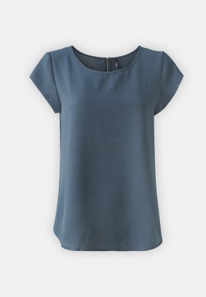 Short-sleeve, blue top with a round neckline and a back zipper. The fabric has a smooth texture and a slightly loose fit.