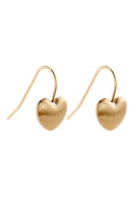 Gold-tone metal earrings shaped like hearts with a brushed texture, featuring a curved hook for secure wearing.