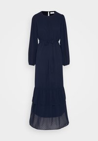 Granatowa długa sukienka z okrągłym dekoltem, długimi rękawami, paskiem w talii oraz warstwowym dołem z subtelną fakturą kropek.