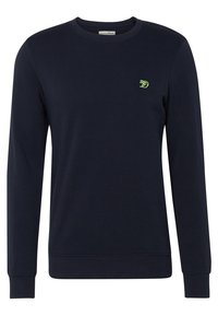 Marinblå sweatshirt gjord av bomullsblandning, med långa ärmar, ribbad mudd och nederkant, samt en liten grön logotyp på vänster bröst.