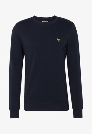 Marinblå sweatshirt gjord av bomullsblandning, med långa ärmar, ribbad mudd och nederkant, samt en liten grön logotyp på vänster bröst.