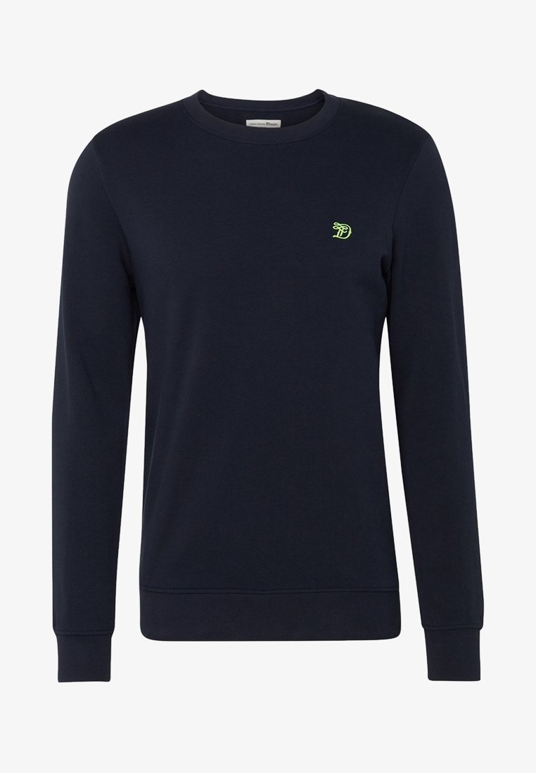 Marinblå sweatshirt gjord av bomullsblandning, med långa ärmar, ribbad mudd och nederkant, samt en liten grön logotyp på vänster bröst.