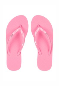Pink flip-flops with a textured sole featuring heart patterns, thin matching straps, and a small logo on one strap.