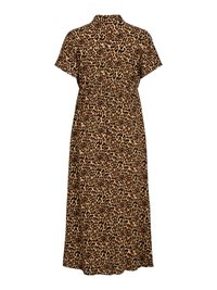 Rochie cu imprimeu leopard, cu mâneci scurte, guler, talie elastică și hem lungime până la glezne. Fabricată dintr-un material ușor, cu o textură netedă.