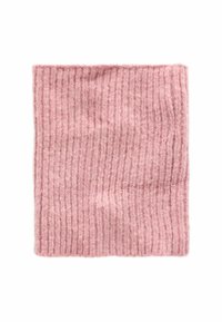 Rippstrick-Nackenwärmer in sanftem Rosa, ausgestattet mit einem strukturierten Stoff, der Wärme und Komfort bietet. Rechteckige Form mit nahtlosem Design.