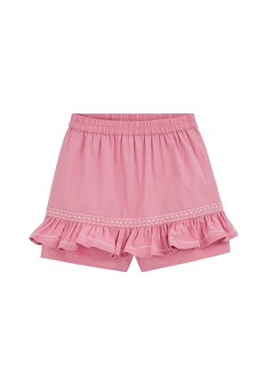 Rausvos spalvos mėgėjams skirtos trumpikės su elastinga juosmens juosta, raukiniais apdailintu apačios kraštu ir baltu kryžminių siūlių siuvinėjimu palei apatinį kraštą.