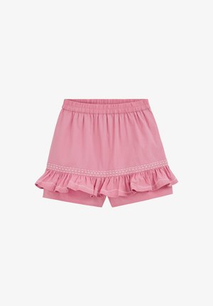 Roze korte broek met elastische taille, ruches aan de zoom en witte kruissteekborduursel langs de onderkant.