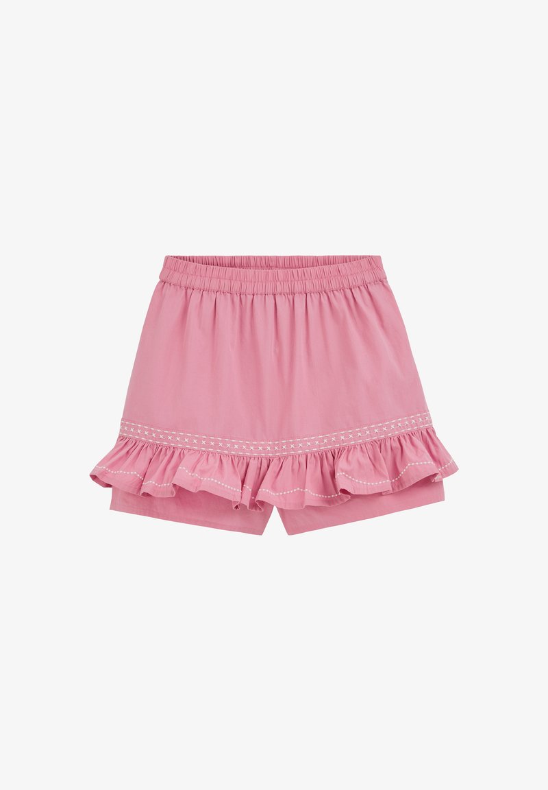 Shorts à taille élastique rose avec ourlet à volants et détail de broderie en point de croix blanche le long du bord inférieur.