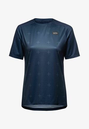 Marinblå kortärmad skjorta i lättviktig tyg med ett rutig mönster av små plustecken och en logotyp från varumärket på bröstet.