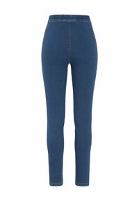 Mörkblå leggings med resårmidja. Tillverkade av denimmaterial, med en slät yta och en åtsittande design. Ingen synlig hårdvara.