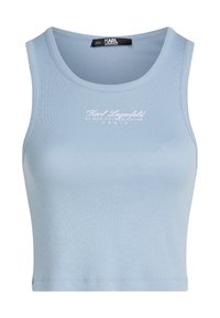 Svetlomodrý rebrovaný crop top s okrúhlym výstrihom a vyšívaným logom v bielej farbe, s priliehavým strihom a bez rukávov.