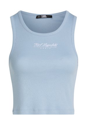 Top corto a coste blu chiaro con scollatura rotonda e logo ricamato in bianco, caratterizzato da un design aderente e senza maniche.