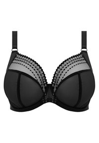 Soutien-gorge noir avec armatures, présentant des panneaux en dentelle transparente, des accents à pois et des détails festonnés. Les bonnets sont structurés et légèrement rembourrés.