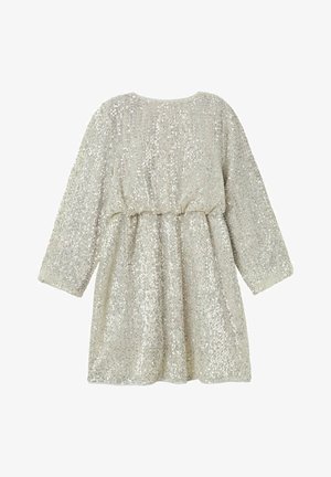 Rochie lungă cu mâneci lungi, acoperită cu paiete argintii, având talie strânsă și decolteu rotund, special concepută pentru ocazii festive sau formale.