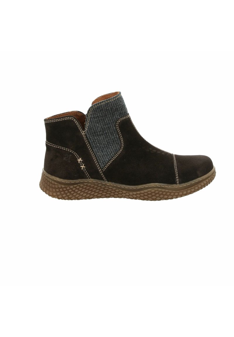 Tmavě hnědá semišová kotníková bota s šedým žebrovaným svrškem, kontrastním prošíváním a texturovanou gumovou podrážkou s diamantovým vzorem.