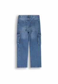 Niebiści dżinsowe spodnie cargo o prostym kroju, do kolan, z dwiema dużymi bocznymi kieszeniami i dwiema kieszeniami z tyłu.