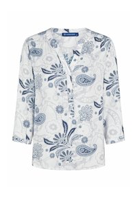 Weiße Bluse mit marineblauem Paisleymuster, mit V-Ausschnitt und Dreiviertelärmel. Hergestellt aus leichtem Stoff mit glatter Textur.