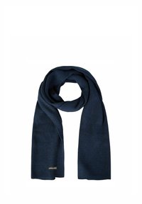 Donkerblauwe gebreide sjaal opgevouwen in een lus met een klein rechthoekig label "JACK & JONES" vlak bij één uiteinde.